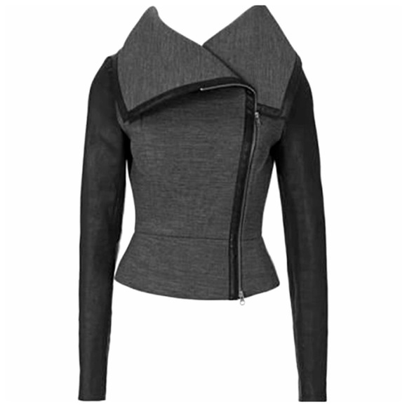 Gray & Black Asymmetrical Vegan Leather Jacket - Picture 6 of 6